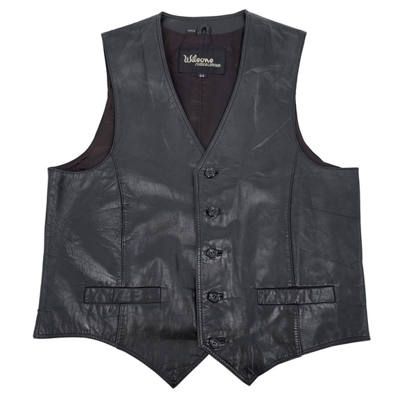 Wilson's Leather Vest Mens 44 Black Genuine Leather Button Front Vintage - Picture 1 of 7